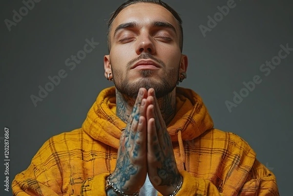 Obraz A tattooed individual in a yellow hoodie, eyes closed, hands clasped in a prayer-like gesture.