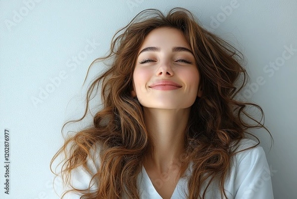 Obraz A smiling woman with long, wavy hair against a light background, conveying joy and positivity.