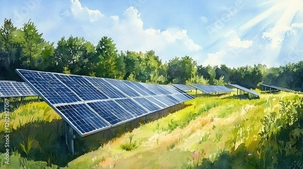Fototapeta a drawing of solar panels in a field with trees and grasses in the background