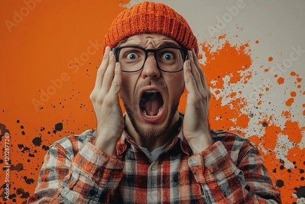 Obraz A surprised man in glasses and a beanie expresses shock against a vibrant orange background.