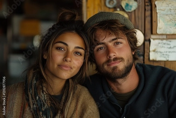 Obraz A close-up portrait of two young adults smiling warmly together in a cozy setting.