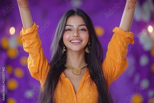 Obraz A joyful woman in a vibrant orange outfit celebrates with raised arms against a colorful backdrop.