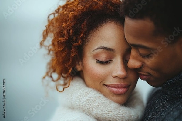 Obraz A close-up of a couple embracing, showcasing intimacy and affection in a serene setting.