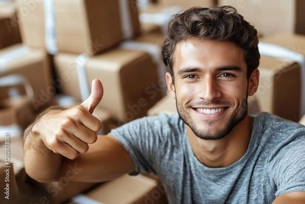 Obraz A smiling man giving a thumbs up in a warehouse filled with cardboard boxes.