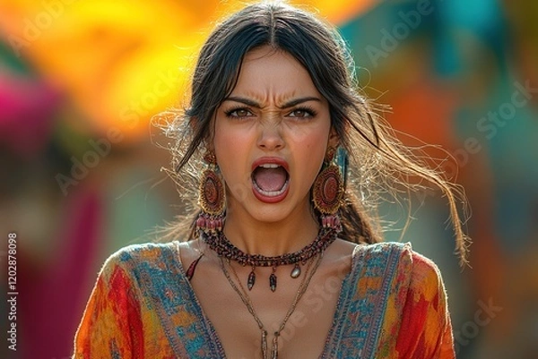 Obraz A woman passionately expressing emotion in vibrant attire, set against a colorful background.