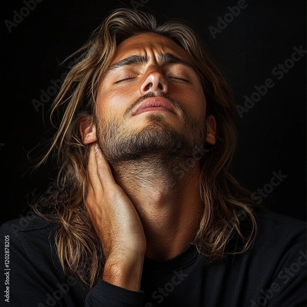 Obraz A contemplative young man with long hair, expressing emotion against a dark background.