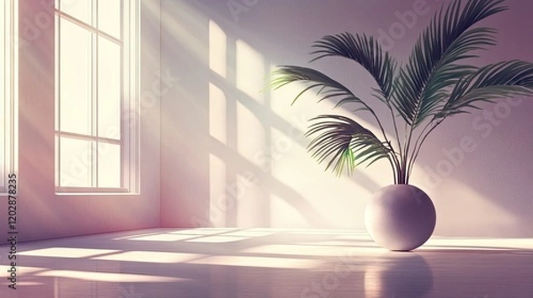 Fototapeta 3d rendering of a plant in a vase on a table in front of, soft neon atmosphere