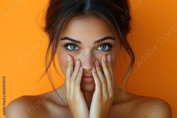 Obraz A portrait of a woman with striking eyes against an orange background, conveying emotion.