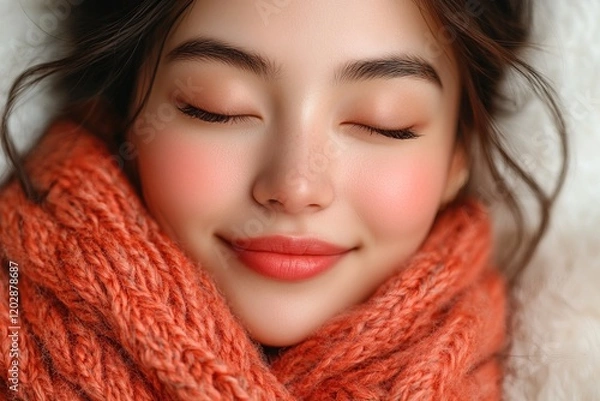 Obraz A close-up portrait of a smiling woman wrapped in a cozy orange scarf.