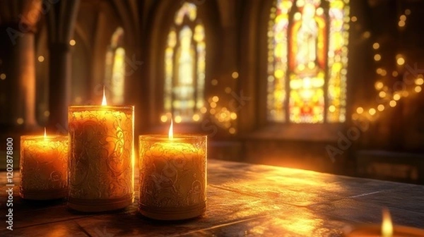 Fototapeta A row of lit candles in varying sizes is placed in front of a blurred background