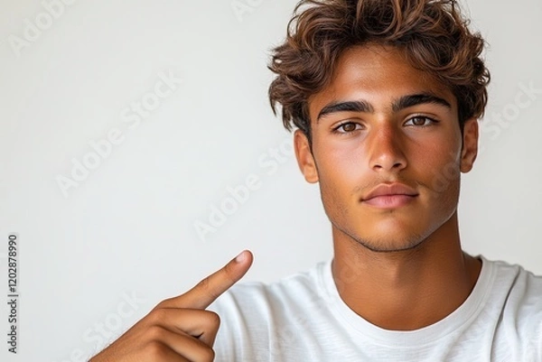 Obraz A young man with styled hair points upwards, conveying a thoughtful or inspirational message.