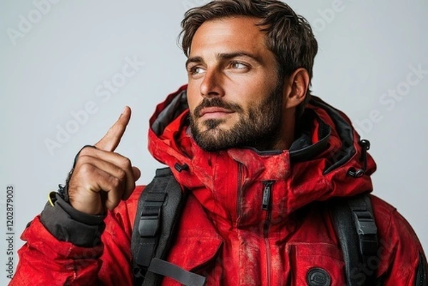 Obraz A man in a red jacket points upward, suggesting adventure or exploration.