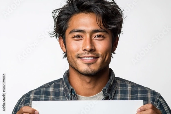 Obraz A smiling man holds a blank sign, suggesting a message or announcement.