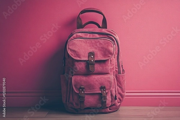 Obraz A pink backpack rests against a matching wall, showcasing a stylish and functional design.