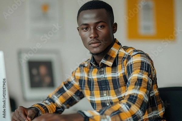 Obraz A confident young man in a plaid shirt sitting at a desk, focused and engaged.