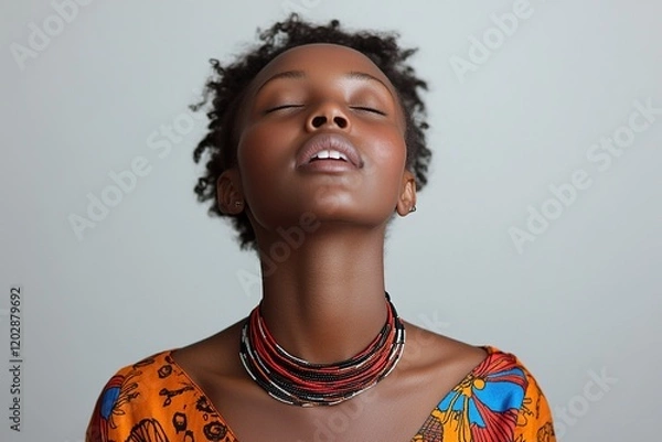 Obraz A portrait of a woman with a serene expression, adorned in colorful attire and jewelry.