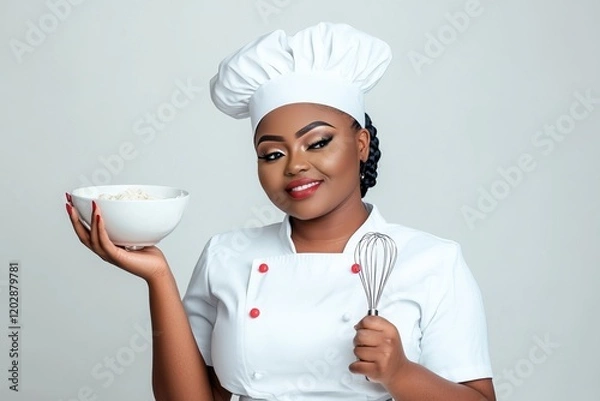 Obraz A smiling chef in uniform holds a bowl of rice and a whisk, showcasing culinary skills.