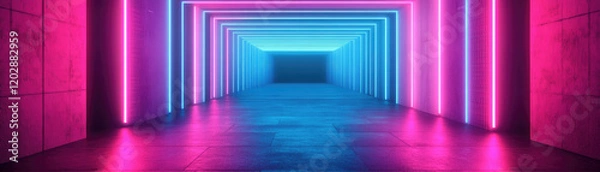 Fototapeta A vibrant corridor illuminated by pink and blue neon lights, creating a futuristic and immersive atmosphere.