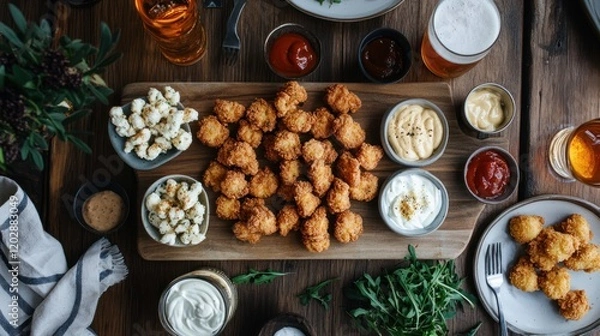 Fototapeta Crispy Chicken Nuggets Platter with Dips and Beer