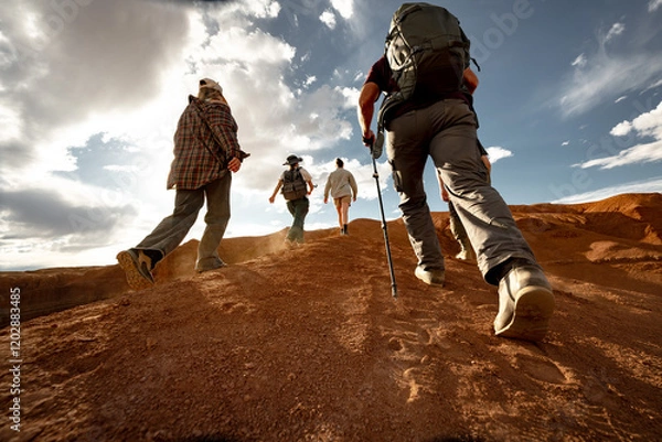 Obraz Group of young hikers walks uphill at sunset desert. Close up photo of tourist legs against sunset sky