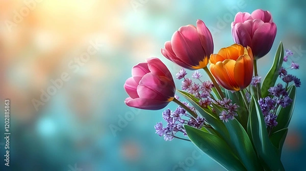 Fototapeta Spring tulips bouquet, sunny bokeh, greeting card