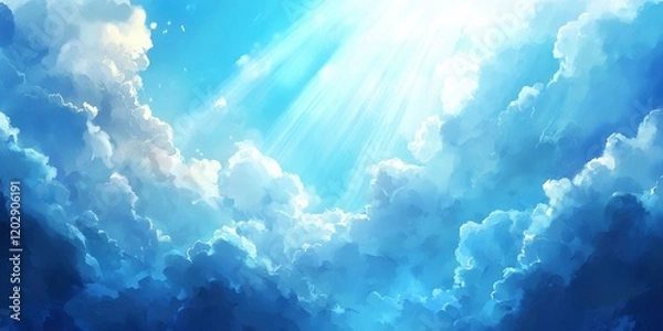 Fototapeta Blue sky with white clouds, light rays shining through the clouds
