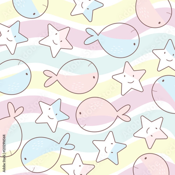 Fototapeta Vector illustration of cartoon dolphin pattern, cute starfish