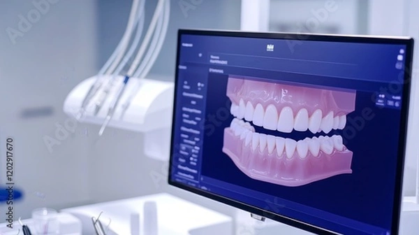Fototapeta A dental monitor displaying a digital model of upper and lower teeth.