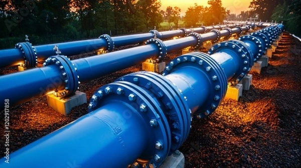 Fototapeta A panoramic view of blue pipeline valves and oil transportation infrastructure laid on soil, with the sky lit up in warm sunrise colors, creating a peaceful yet industrial atmosphere.