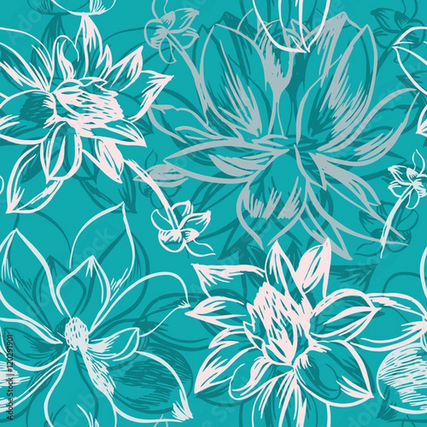 Fototapeta Vector seamless pattern with hand-drawn ink flowers