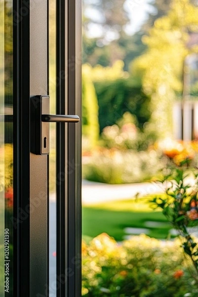 Fototapeta modern black aluminum windows with a key lock and handle, beautiful green garden with sunlight on blur background