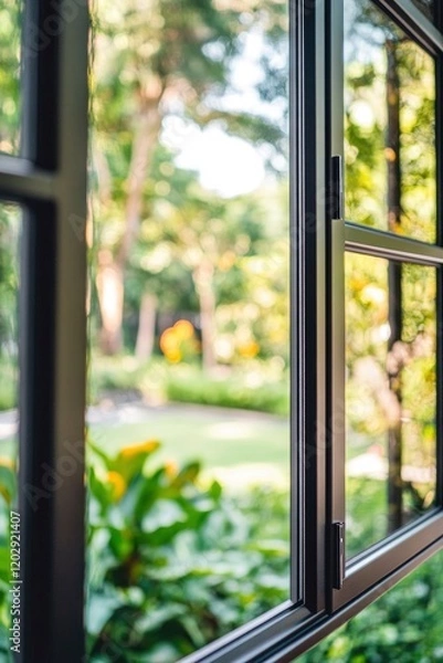 Fototapeta modern black aluminum windows with a key lock and handle, beautiful green garden with sunlight on blur background