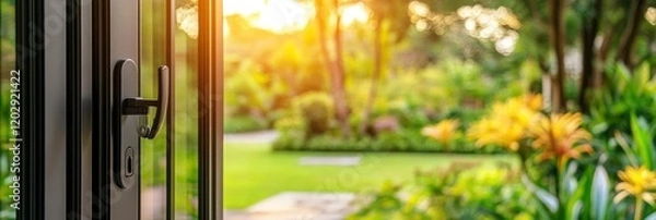Fototapeta modern black aluminum windows with a key lock and handle, beautiful green garden with sunlight on blur background