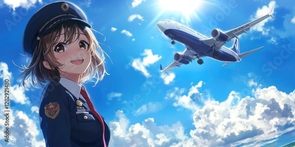 Fototapeta Cute anime girl in a uniform standing on the ground, smiling and an airplane flying overhead, against a blue sky with white clouds.