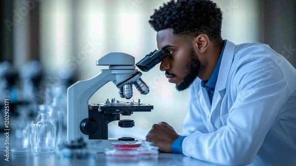 Fototapeta A researcher in a white lab coat examines samples from petri dishes under an advanced microscope, focusing on microorganisms in a well-equipped, sterile lab designed for microbiological research.