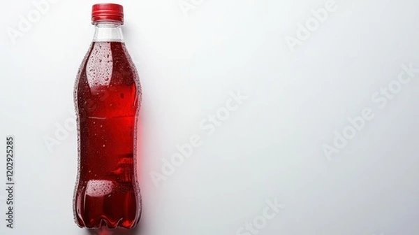 Fototapeta A refreshing red beverage bottle with condensation on a clean white background, ideal for advertising