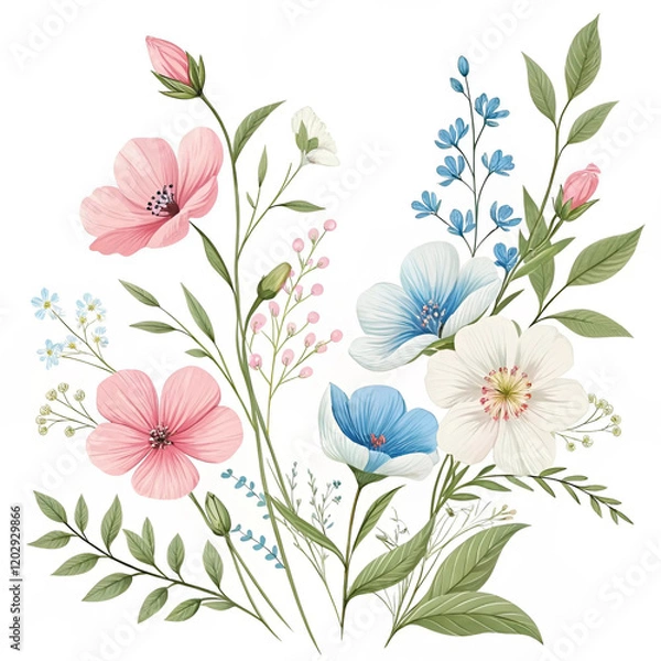 Fototapeta Pink, blue, and white flowers and green leaves and grasses isolated on a white background. Set of vector floral design elements