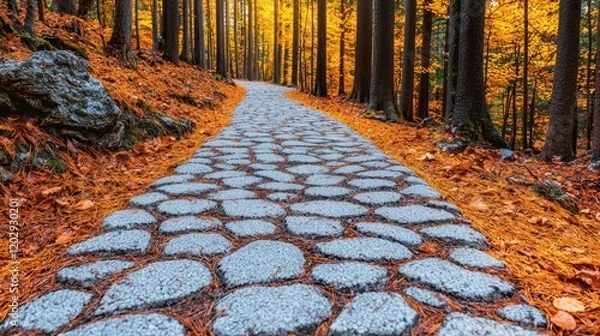 Obraz A serene, winding stone path through a vibrant autumn forest, surrounded by colorful foliage and tall trees.