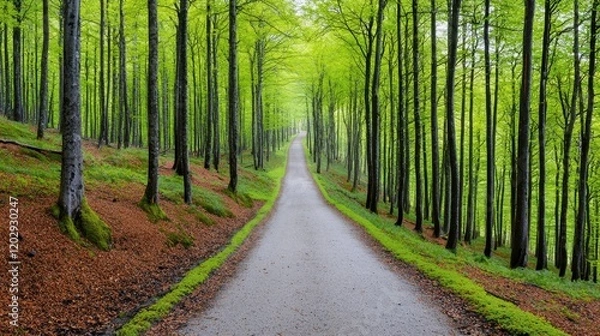 Obraz A serene pathway winds through a lush green forest, surrounded by tall trees and vibrant foliage, inviting exploration and tranquility.
