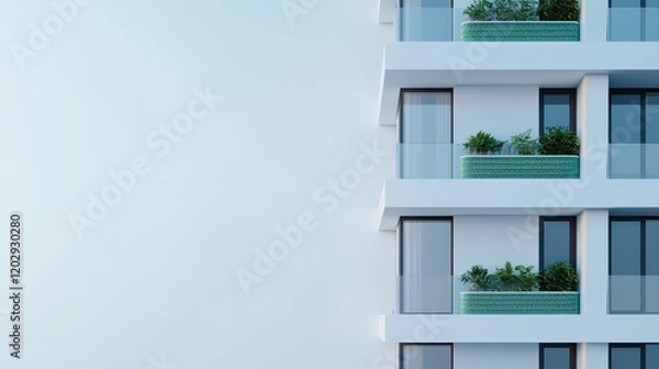 Fototapeta A modern building facade featuring multiple floors, large glass windows, and green balconies, set against a light blue sky.