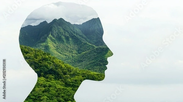 Fototapeta A silhouette of a human head filled with lush green mountains, symbolizing the connection between nature and the mind.