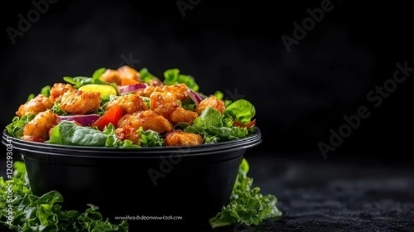 Fototapeta A vibrant salad bowl filled with fresh vegetables and a colorful assortment of ingredients, set against a dark background.