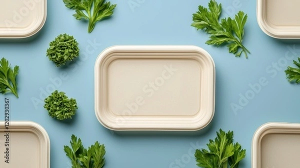 Obraz A flat lay of eco-friendly containers surrounded by fresh parsley, set against a soft blue background, highlighting sustainability and healthy eating.