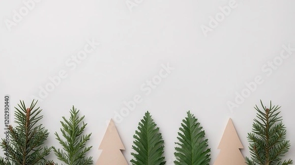 Fototapeta A minimalist arrangement of green pine branches and wooden tree shapes against a white background, evoking a natural, festive aesthetic.