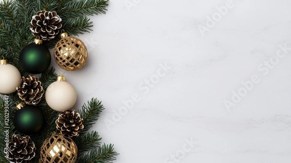 Obraz A festive arrangement of green pine, gold and white ornaments, and pine cones, perfect for holiday decorations.