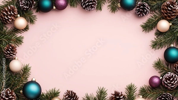 Obraz A festive arrangement of pinecones and colorful ornaments around a blank pink background, perfect for holiday greetings or decorations.
