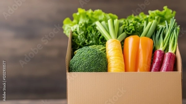 Fototapeta A cardboard box filled with fresh, vibrant vegetables including lettuce, broccoli, carrots, and radishes against a rustic wooden background.