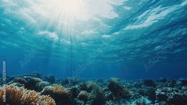 Fototapeta Sunlight filters through clear blue water, illuminating coral reefs beneath the ocean's surface, creating a serene underwater scene.