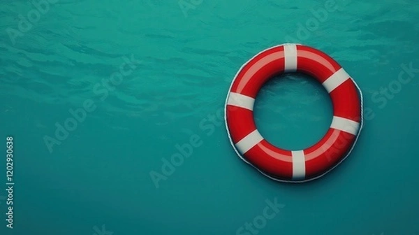 Obraz A bright red life ring floats in calm turquoise water, symbolizing safety and rescue in aquatic environments.