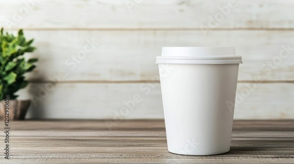 Obraz A simple white disposable coffee cup sits on a wooden surface, accompanied by a small green plant in the background.